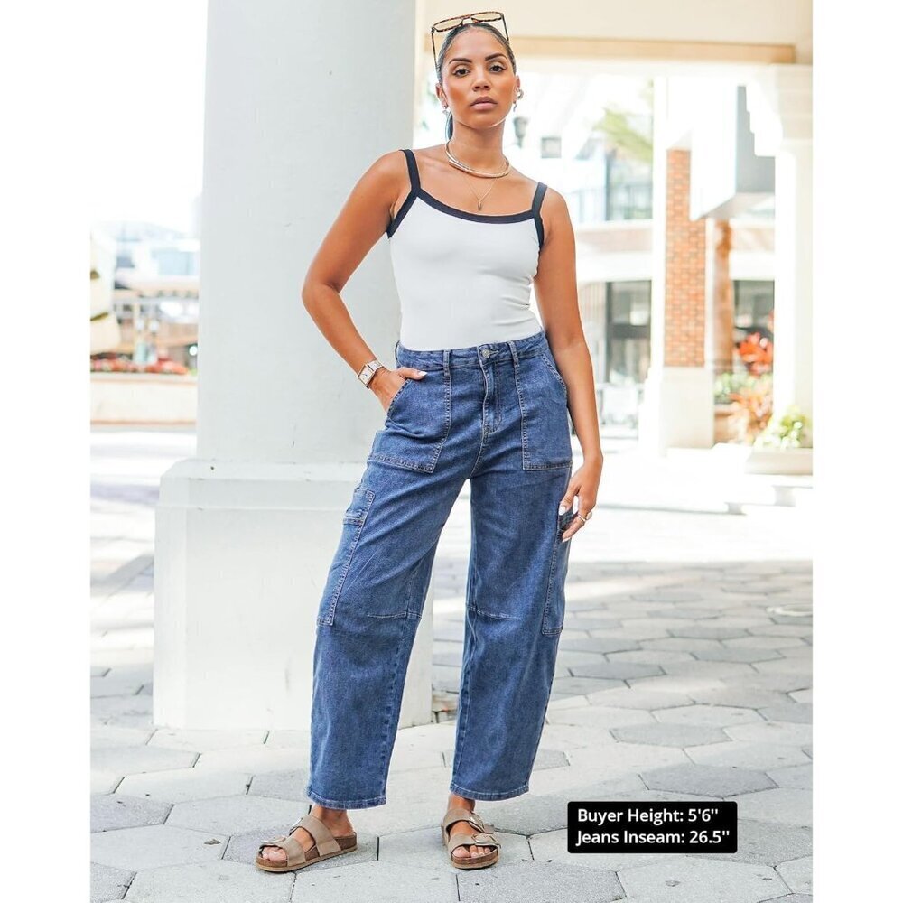 Women Jeans High Waisted Crop Cargo Pockets Wide Leg Stretch Denim - Picture 6 of 6